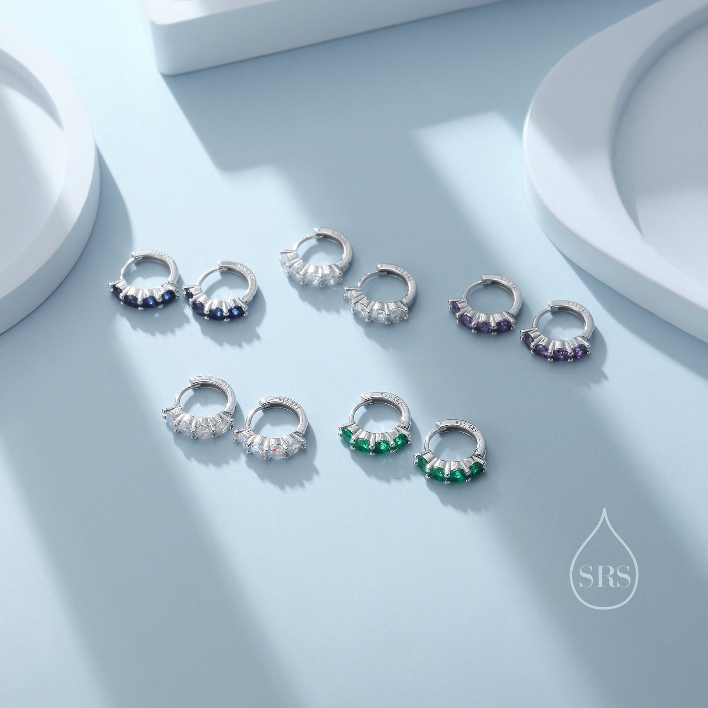 CZ Huggie Hoop Earrings in Sterling Silver, 8mm Hoops, Silver or Gold, 4mm Geometric Hoop Earrings, Green, Blue, Purple, Rainbow or Clear CZ