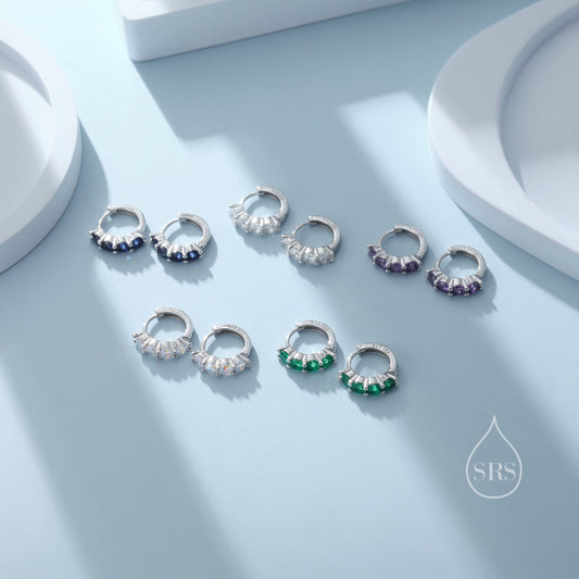 CZ Huggie Hoop Earrings in Sterling Silver, 8mm Hoops, Silver or Gold, 4mm Geometric Hoop Earrings, Green, Blue, Purple, Rainbow or Clear CZ