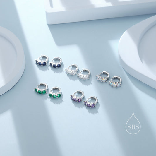 Tiny 6mm Huggie Hoop Earrings in Sterling Silver, Silver or Gold, 4mm Geometric Hoop Earrings, Green, Blue, Purple, Rainbow or Clear CZ