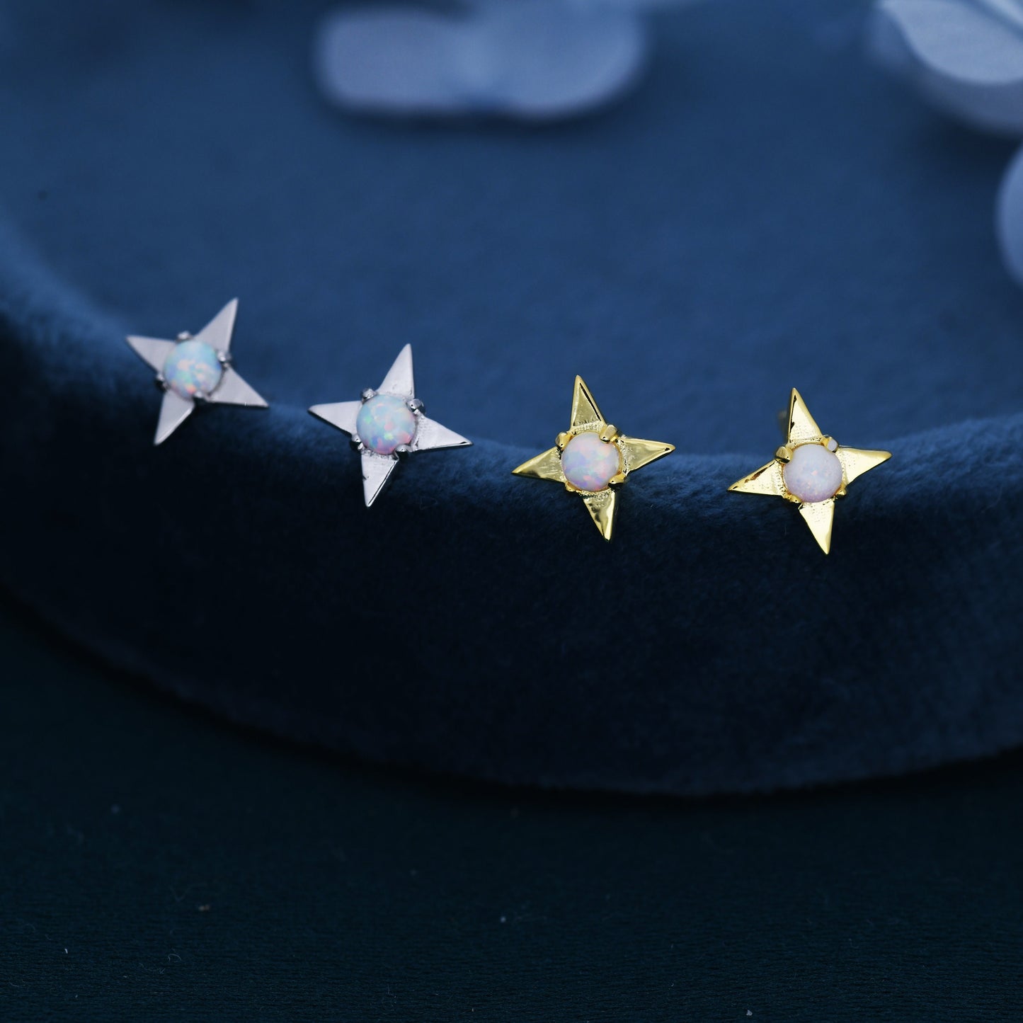 White Opal Star Stud Earrings in Sterling Silver, Silver or Gold, Four Point Star Opal Earrings, Stacking Earrings