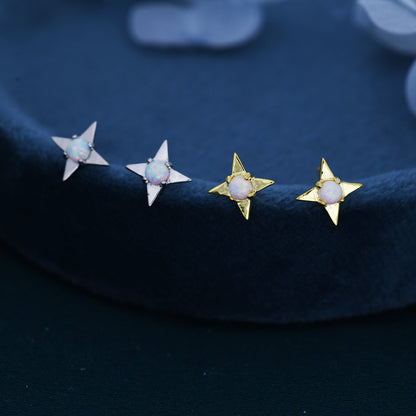White Opal Star Stud Earrings in Sterling Silver, Silver or Gold, Four Point Star Opal Earrings, Stacking Earrings