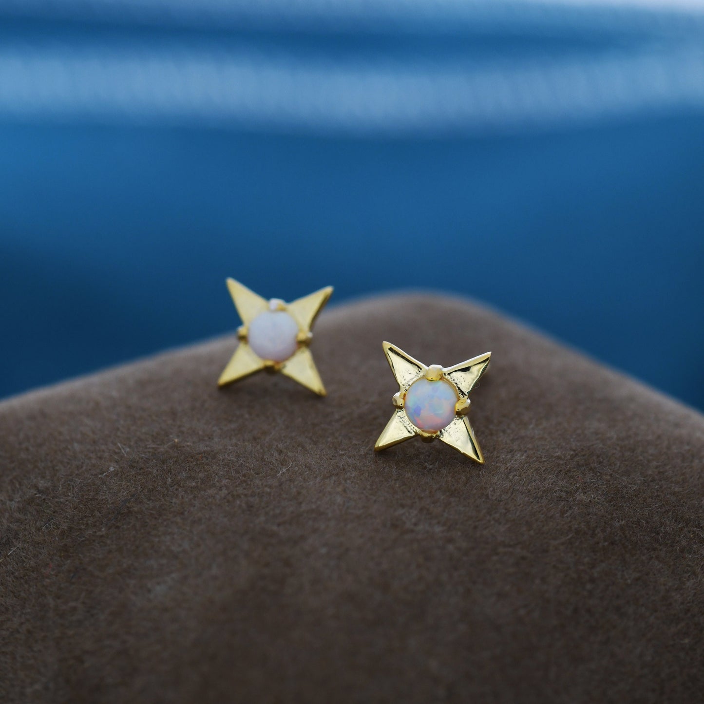 White Opal Star Stud Earrings in Sterling Silver, Silver or Gold, Four Point Star Opal Earrings, Stacking Earrings