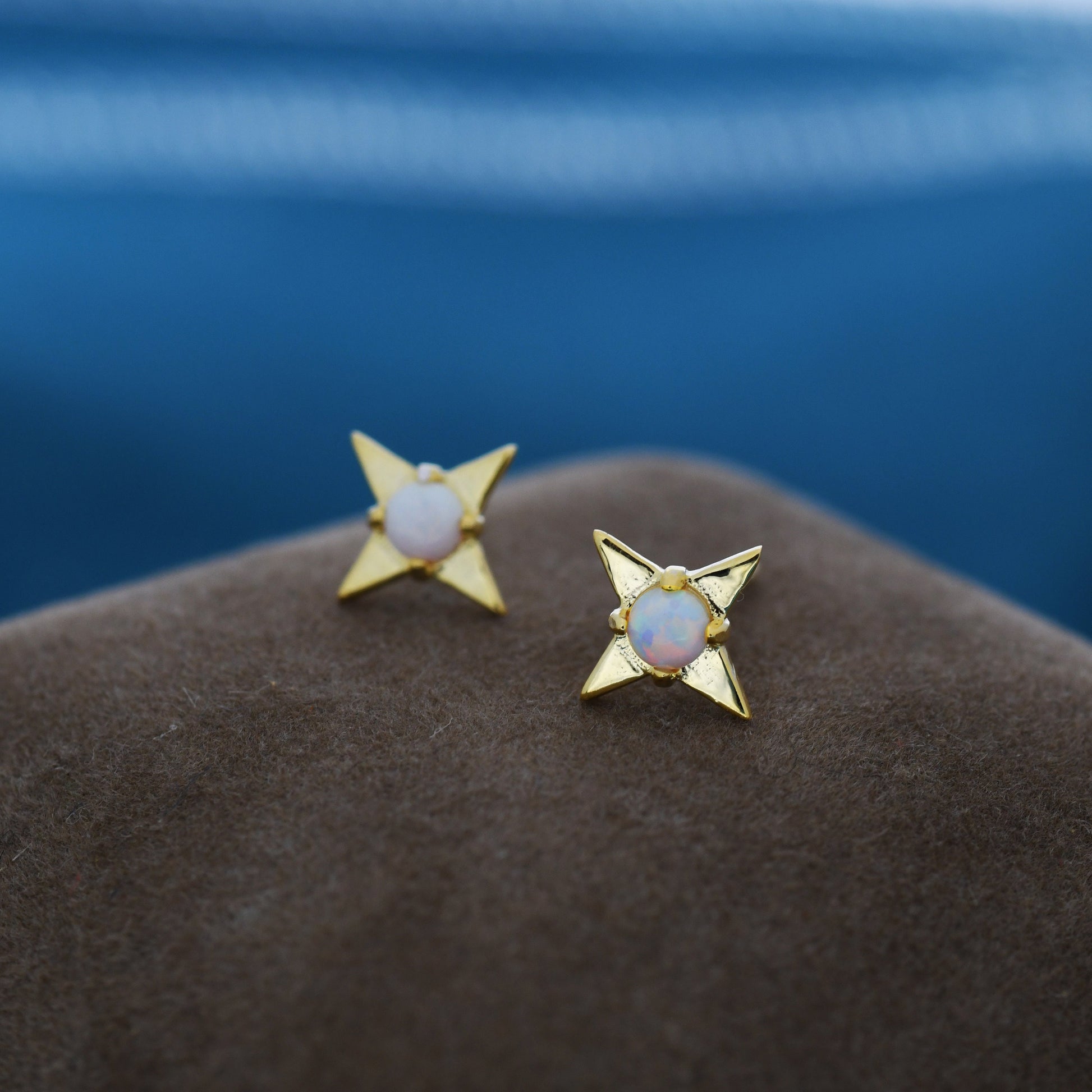 White Opal Star Stud Earrings in Sterling Silver, Silver or Gold, Four Point Star Opal Earrings, Stacking Earrings
