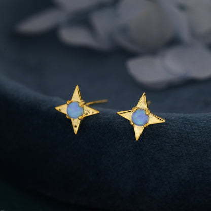 Starburst Blue Opal Stud Earrings in Sterling Silver, Silver or Gold, Four Point Star Opal Earrings, Stacking Earrings