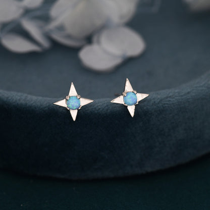 Starburst Blue Opal Stud Earrings in Sterling Silver, Silver or Gold, Four Point Star Opal Earrings, Stacking Earrings