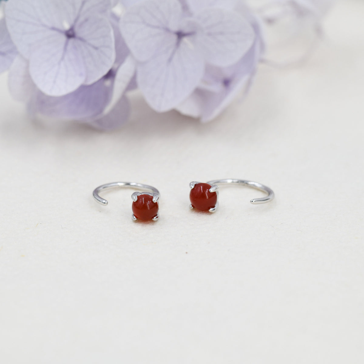 Genuine Red Carnelian Huggie Hoop Earrings in Sterling Silver, 3mm Natural Red Onyx Open Hoops, Pull Through Threaders, Half Hoops, C Shape