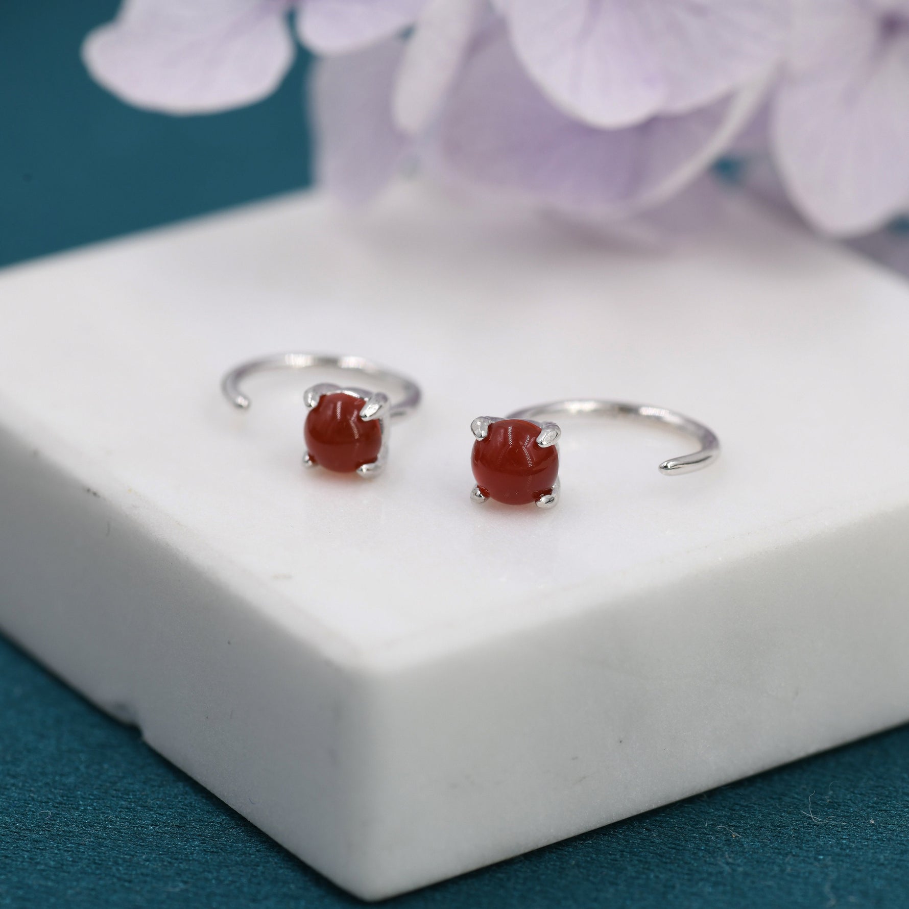 Genuine Red Carnelian Huggie Hoop Earrings in Sterling Silver, 3mm Natural Red Onyx Open Hoops, Pull Through Threaders, Half Hoops, C Shape