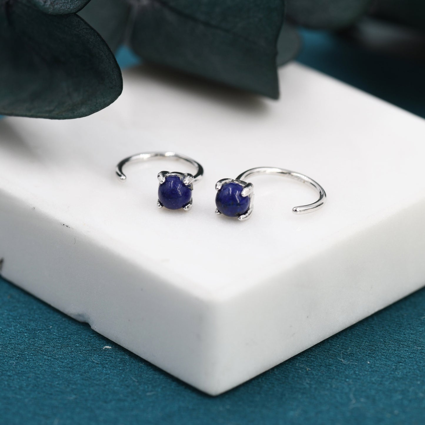 Genuine Lapis Lazuli Huggie Hoop Earrings in Sterling Silver, 4mm Natural Blue Lapis Open Hoops, Pull Through Threaders, Half Hoops, C Shape