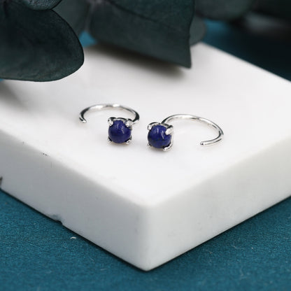 Genuine Lapis Lazuli Huggie Hoop Earrings in Sterling Silver, 3mm Natural Blue Lapis Open Hoops, Pull Through Threaders, Half Hoops, C Shape