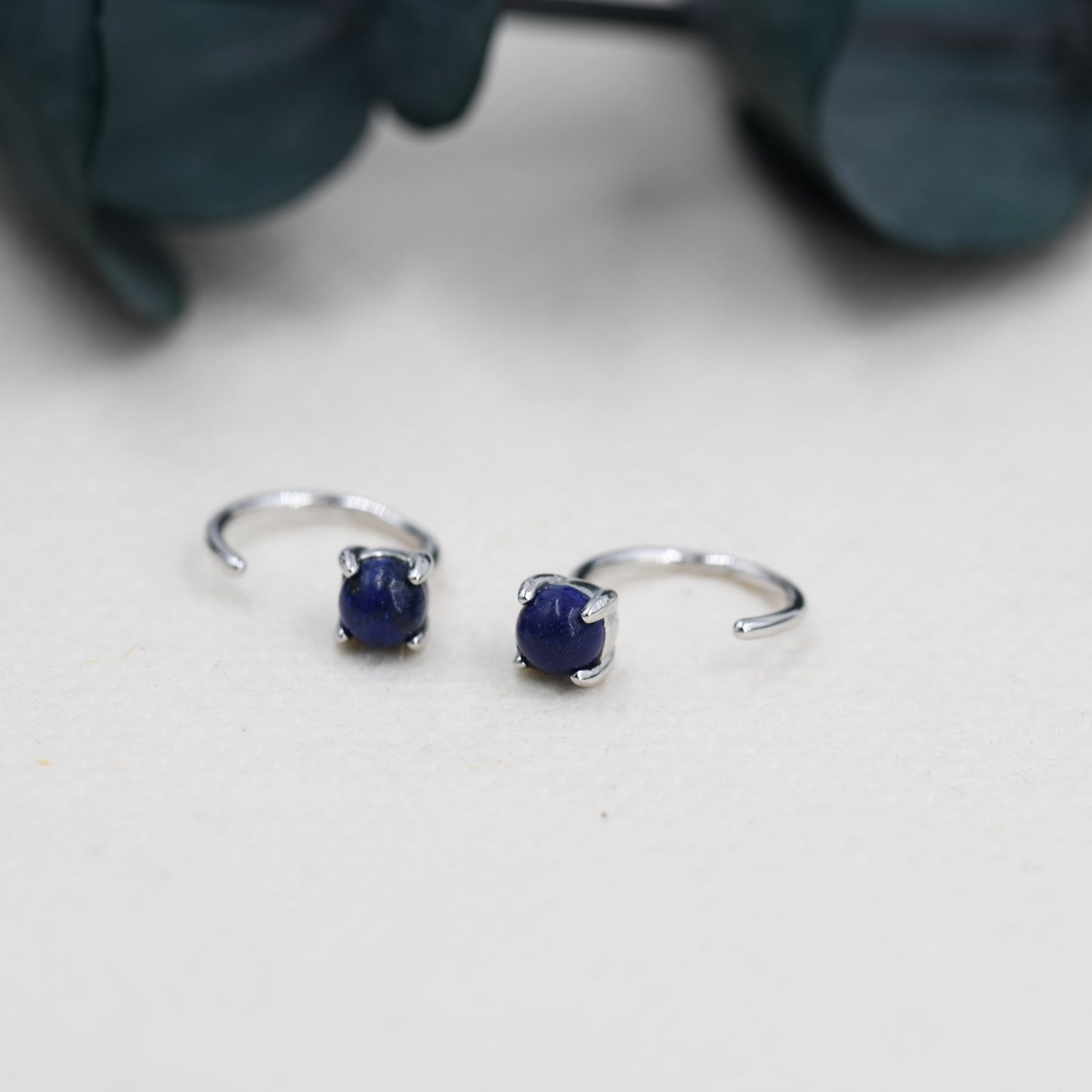 Genuine Lapis Lazuli Huggie Hoop Earrings in Sterling Silver, 4mm Natural Blue Lapis Open Hoops, Pull Through Threaders, Half Hoops, C Shape