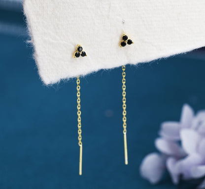 Black CZ Trio Flower Threader Earrings in Sterling Silver, Silver or Gold, Three Dot Crystal Ear Threaders, Flower CZ Earrings