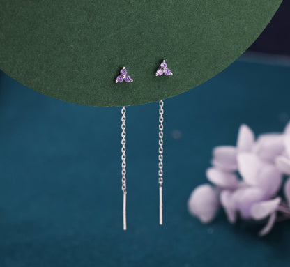 Purple CZ Trio Flower Threader Earrings in Sterling Silver, Silver or Gold, Three Dot Crystal Ear Threaders, Flower CZ Earrings