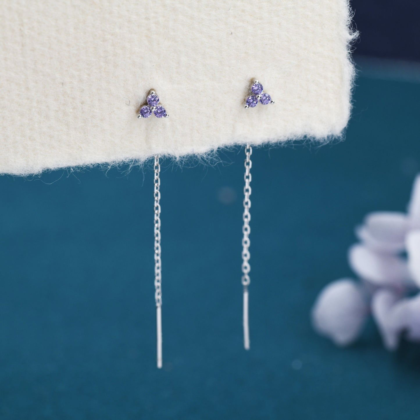 Purple CZ Trio Flower Threader Earrings in Sterling Silver, Silver or Gold, Three Dot Crystal Ear Threaders, Flower CZ Earrings