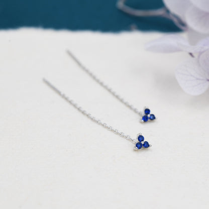 Sapphire Blue Trio Flower CZ Threader Earrings in Sterling Silver, Silver or Gold, Three Dot Crystal Ear Threaders, Flower CZ Earrings