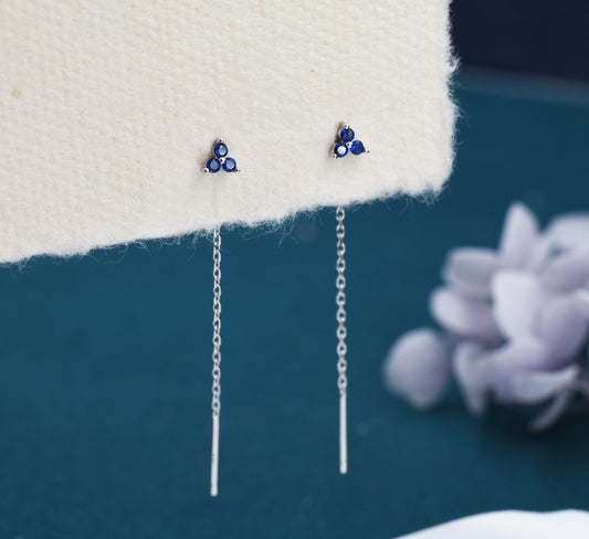 Sapphire Blue Trio Flower CZ Threader Earrings in Sterling Silver, Silver or Gold, Three Dot Crystal Ear Threaders, Flower CZ Earrings