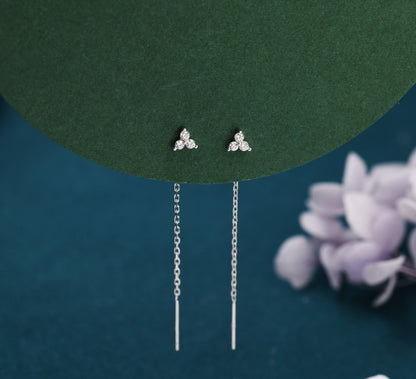 CZ Trio Flower Threader Earrings in Sterling Silver, Silver or Gold, Available in 6 Colours, Three Dot Crystal Ear Threaders
