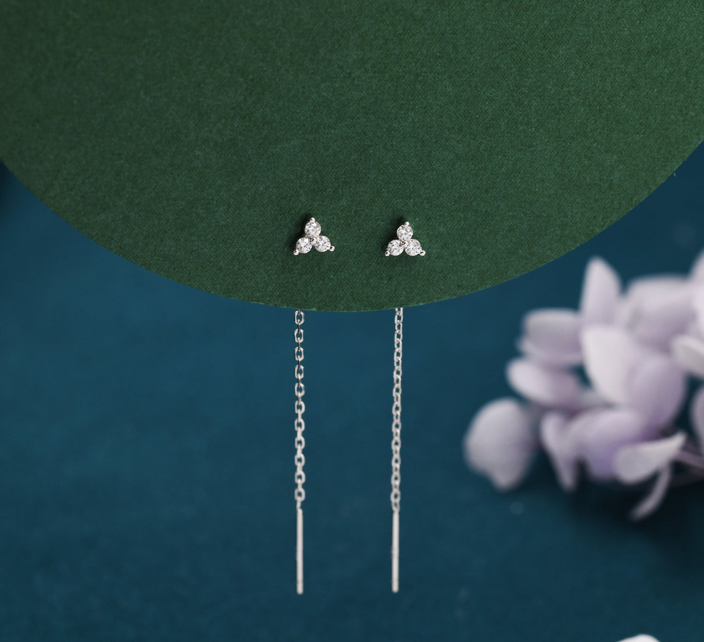 CZ Trio Flower Threader Earrings in Sterling Silver, Silver or Gold, Three Dot Crystal Ear Threaders, Flower CZ Earrings