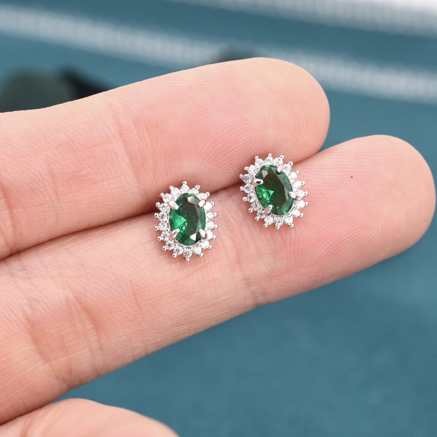 Emerald Green CZ Stud Earrings in Sterling Silver, Green Oval Crystal Stud Earrings, May Birthstone