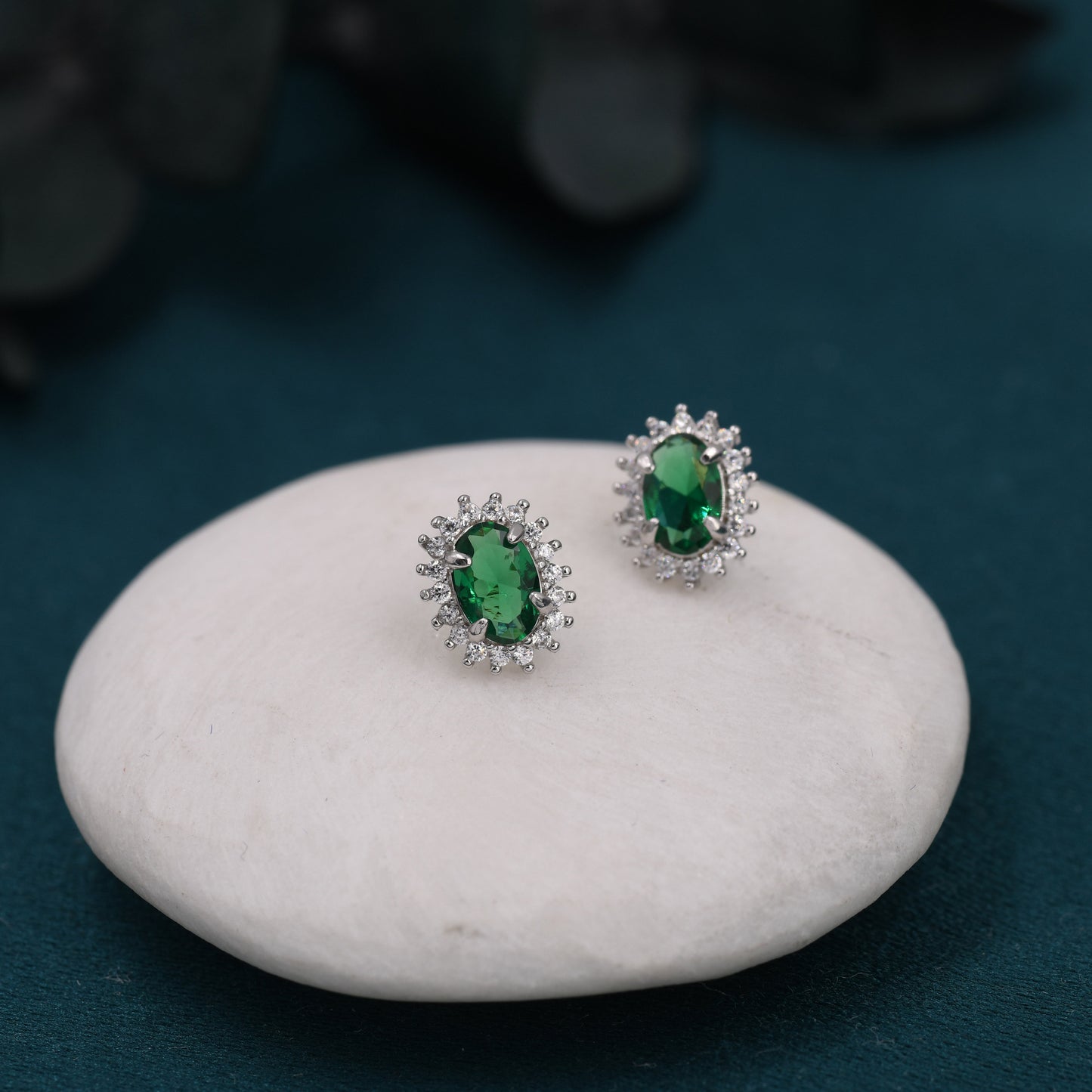 Emerald Green CZ Stud Earrings in Sterling Silver, Green Oval Crystal Stud Earrings, May Birthstone