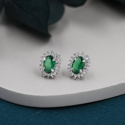 Emerald Green CZ Stud Earrings in Sterling Silver, Green Oval Crystal Stud Earrings, May Birthstone