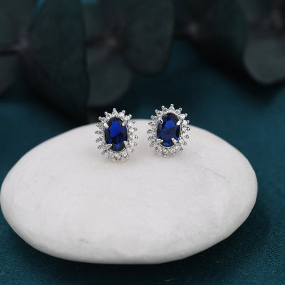 Sapphire Blue CZ Stud Earrings in Sterling Silver, Blue Oval Crystal Stud Earrings, September Birthstone