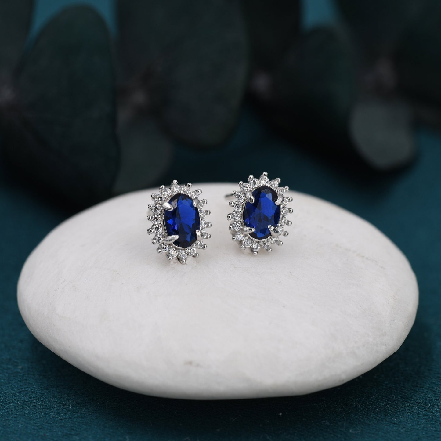 Sapphire Blue CZ Stud Earrings in Sterling Silver, Blue Oval Crystal Stud Earrings, September Birthstone