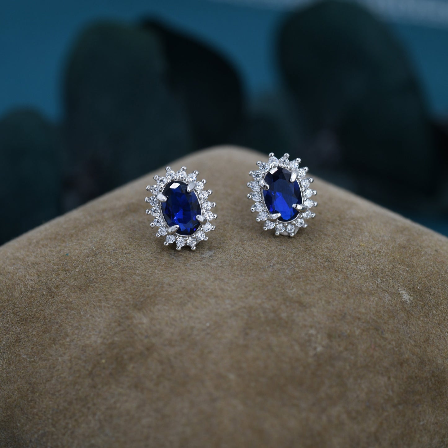 Sapphire Blue CZ Stud Earrings in Sterling Silver, Blue Oval Crystal Stud Earrings, September Birthstone