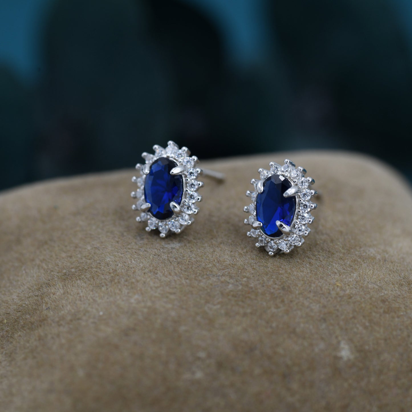 Sapphire Blue CZ Stud Earrings in Sterling Silver, Blue Oval Crystal Stud Earrings, September Birthstone