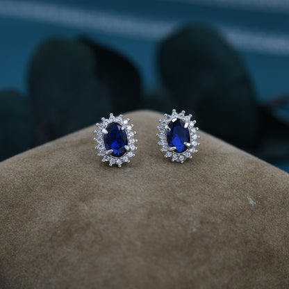 Sapphire Blue CZ Stud Earrings in Sterling Silver, Blue Oval Crystal Stud Earrings, September Birthstone