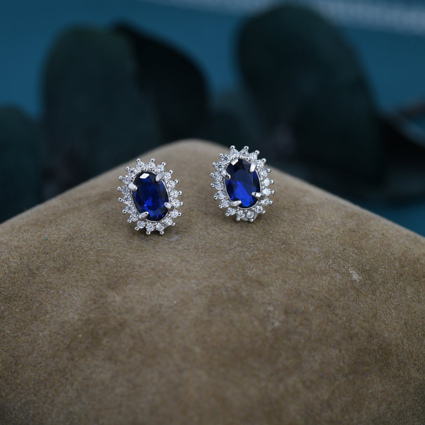 Sapphire Blue CZ Stud Earrings in Sterling Silver, Blue Oval Crystal Stud Earrings, September Birthstone