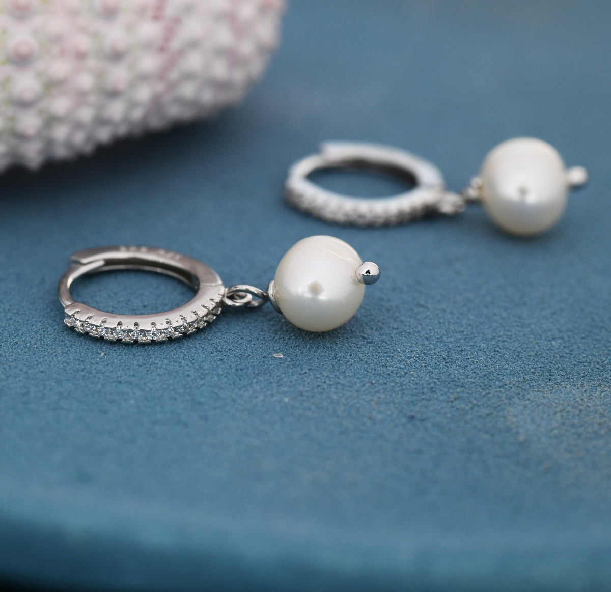 Natural Freshwater Pearl Huggie Hoops Earrings in Sterling Silver with CZ Crystals, Genuine Freshwater Pearls, Silver or Gold
