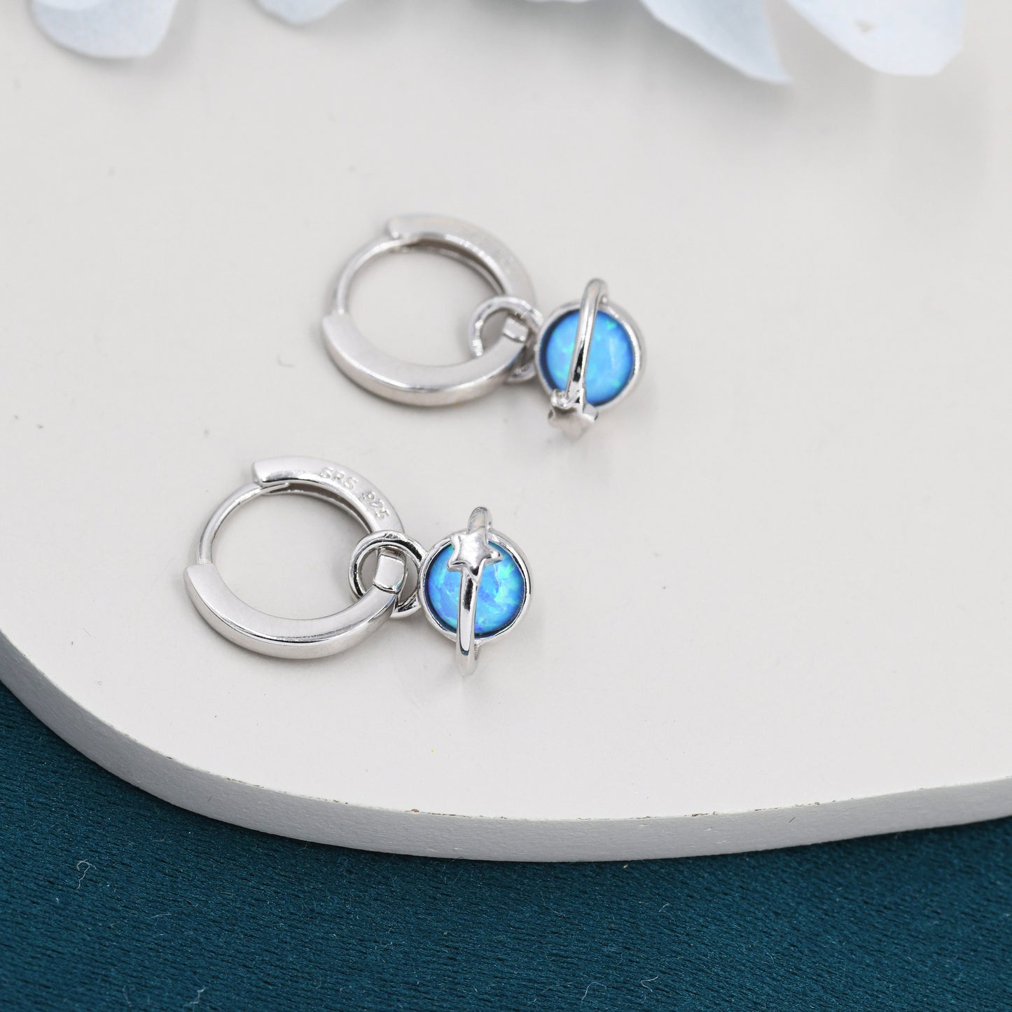 Blue Opal Planet and Star Huggie Hoop Earrings in Sterling Silver, Silver or Gold, Simulated Opal, Detachable Charms, Saturn Earrings