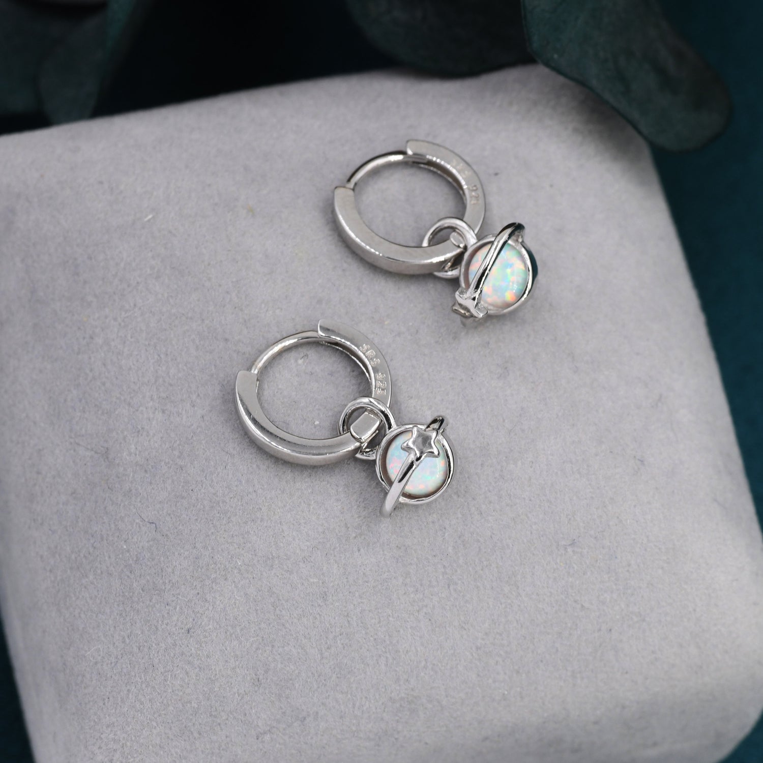 White Opal Planet and Star Huggie Hoop Earrings in Sterling Silver, Silver or Gold, Simulated Opal, Detachable Charms, Saturn Earrings