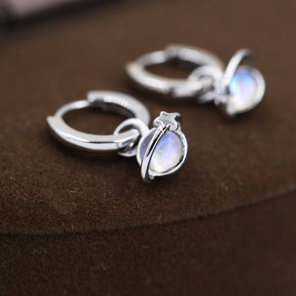 Moonstone Planet and Star Huggie Hoop Earrings in Sterling Silver, Simulated Moonstone, Detachable Charms, Saturn Earrings