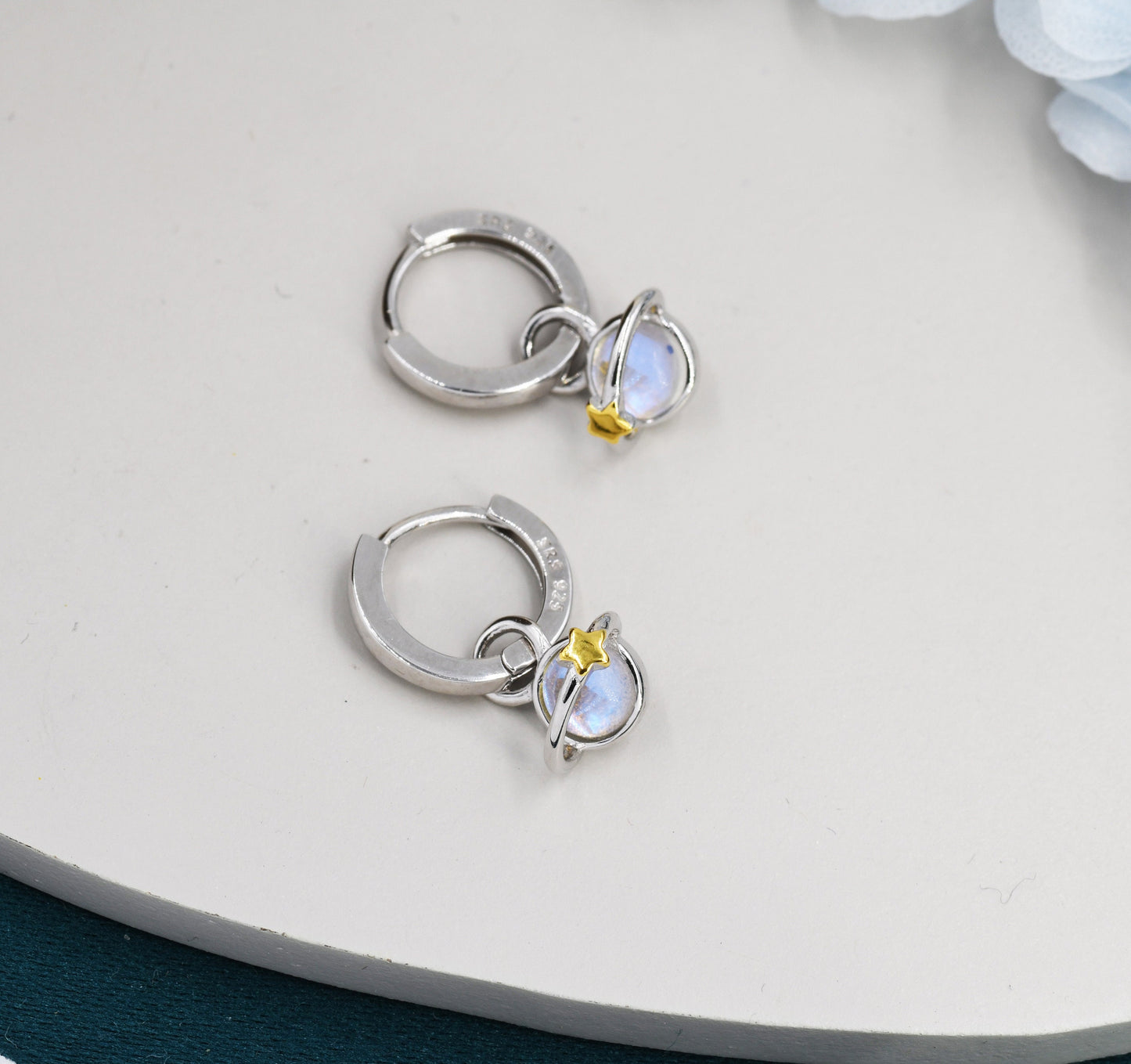 Moonstone Planet and Gold Star Huggie Hoop Earrings in Sterling Silver, Simulated Moonstone, Detachable Charms, Saturn Earrings