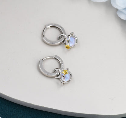 Moonstone Planet and Gold Star Huggie Hoop Earrings in Sterling Silver, Simulated Moonstone, Detachable Charms, Saturn Earrings