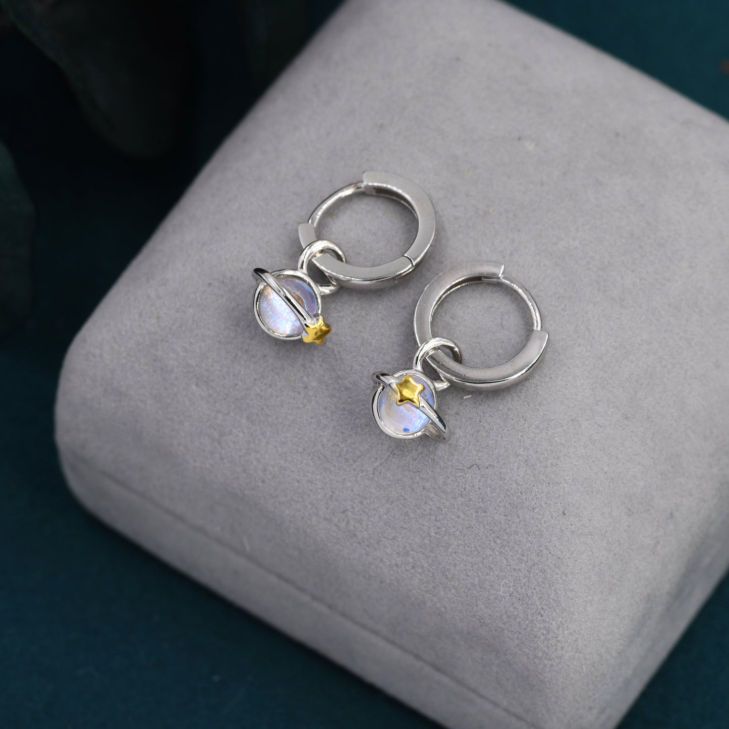 Moonstone Planet and Gold Star Huggie Hoop Earrings in Sterling Silver, Simulated Moonstone, Detachable Charms, Saturn Earrings