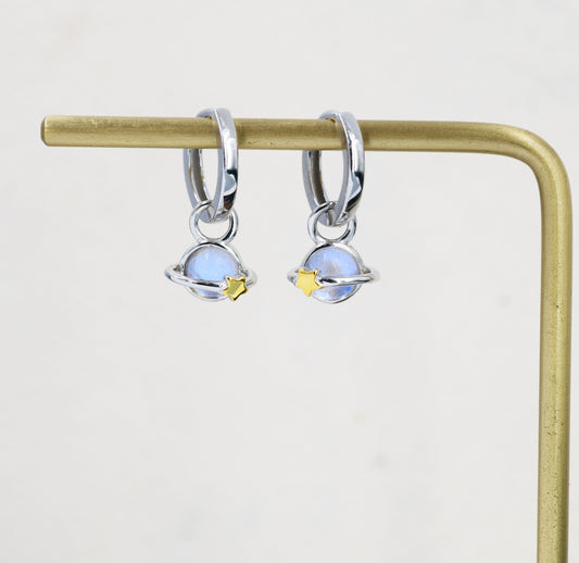 Moonstone Planet and Gold Star Huggie Hoop Earrings in Sterling Silver, Simulated Moonstone, Detachable Charms, Saturn Earrings