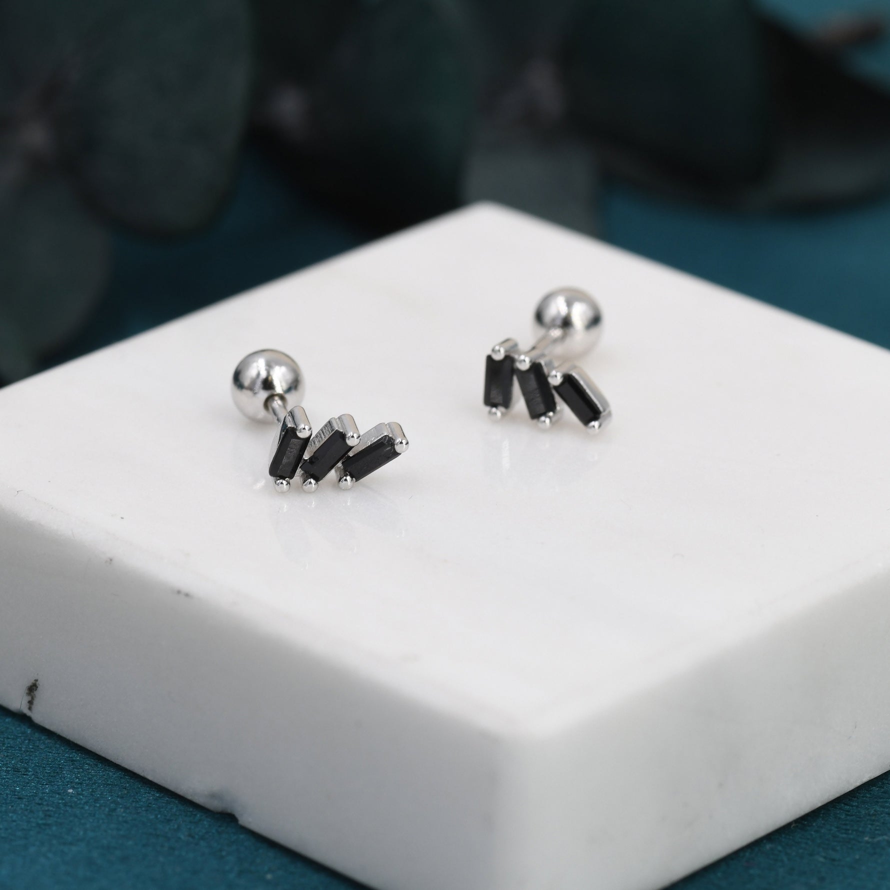 Triple Black Baguette CZ Screw back Earrings in Sterling Silver, Silver or Gold, Baguette Cluster Screwback Earrings