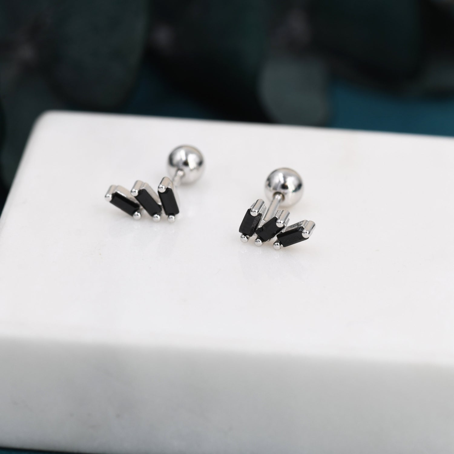 Triple Black Baguette CZ Screw back Earrings in Sterling Silver, Silver or Gold, Baguette Cluster Screwback Earrings