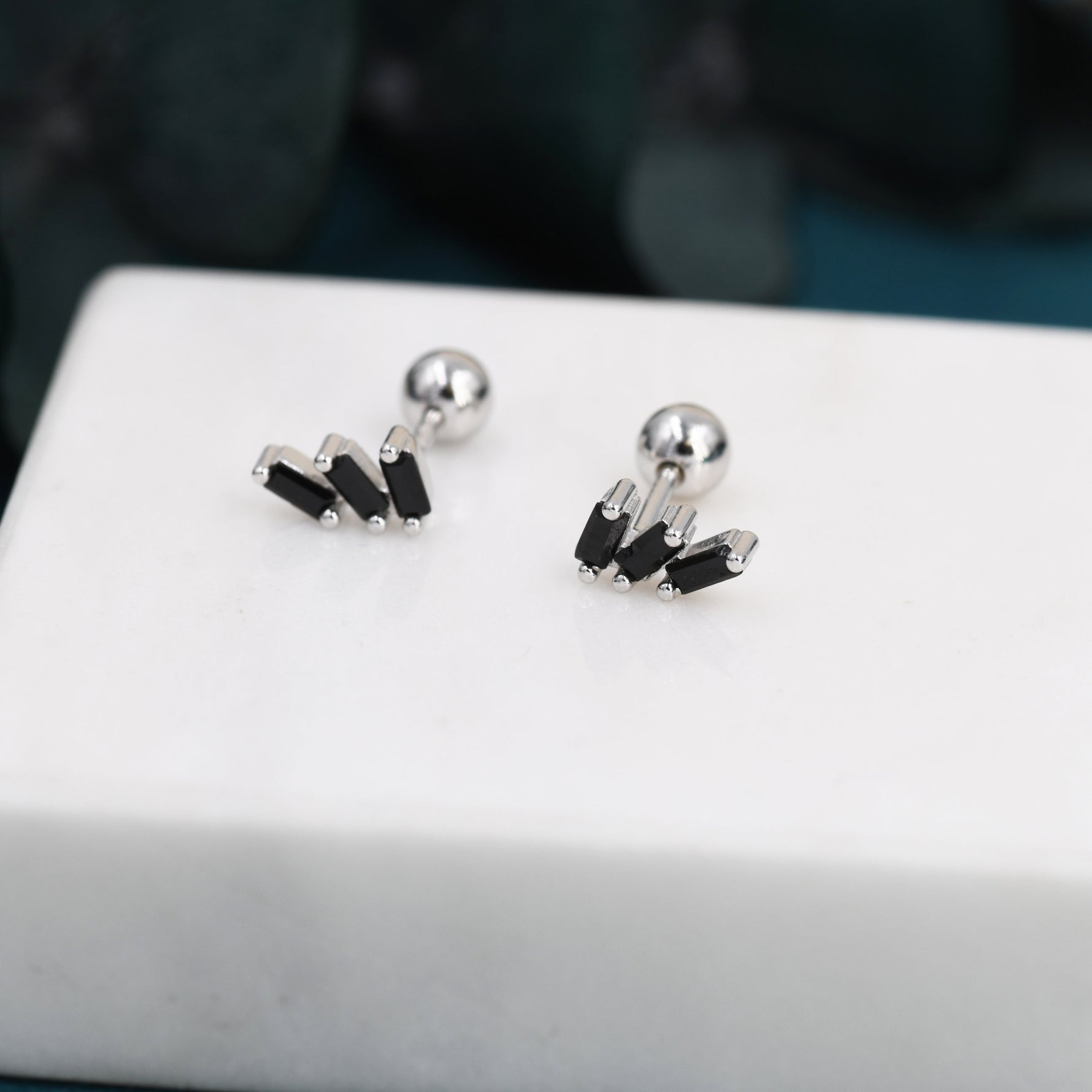 Triple Black Baguette CZ Screw back Earrings in Sterling Silver, Silver or Gold, Baguette Cluster Screwback Earrings