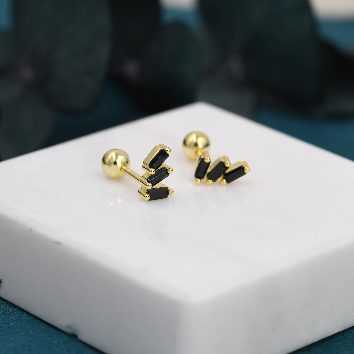 Triple Black Baguette CZ Screw back Earrings in Sterling Silver, Silver or Gold, Baguette Cluster Screwback Earrings
