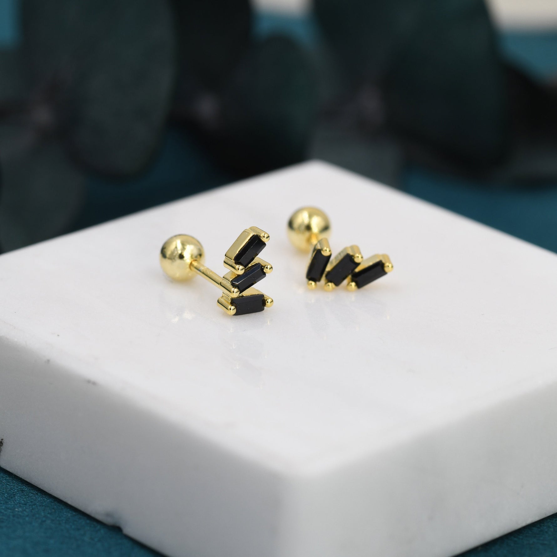 Triple Black Baguette CZ Screw back Earrings in Sterling Silver, Silver or Gold, Baguette Cluster Screwback Earrings