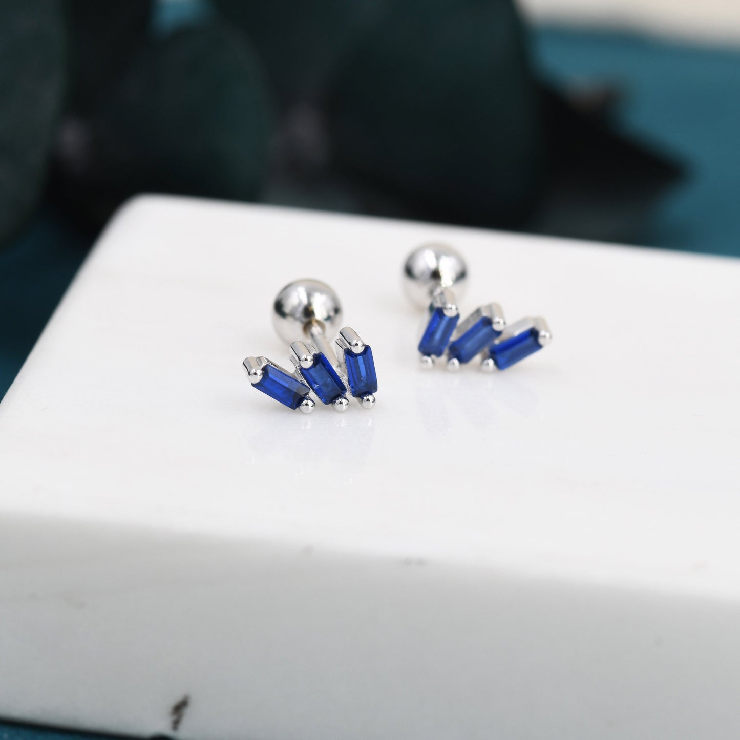 Sapphire Blue Baguette Trio CZ Screw back Earrings in Sterling Silver, Silver or Gold, Baguette Cluster Screwback Earrings