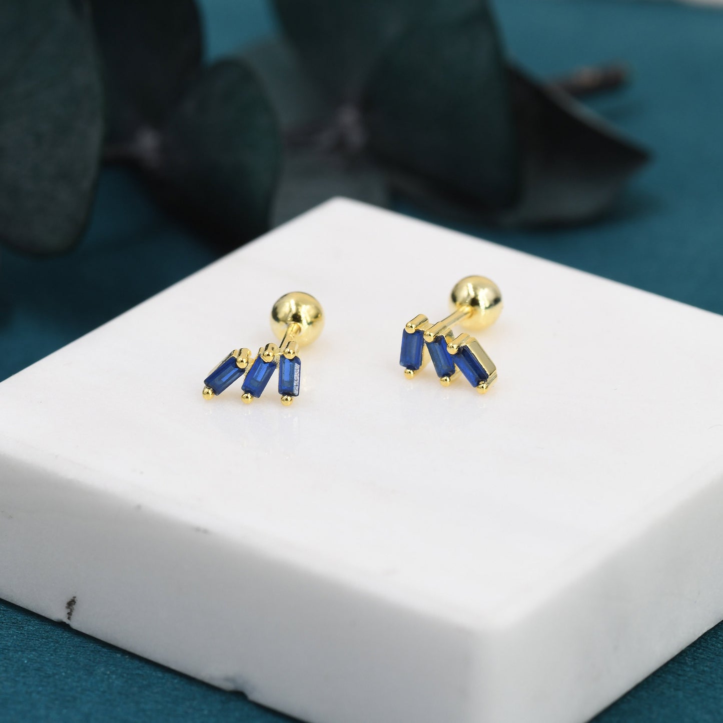 Sapphire Blue Baguette Trio CZ Screw back Earrings in Sterling Silver, Silver or Gold, Baguette Cluster Screwback Earrings