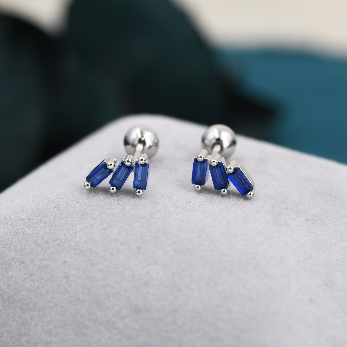 Sapphire Blue Baguette Trio CZ Screw back Earrings in Sterling Silver, Silver or Gold, Baguette Cluster Screwback Earrings