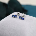 Sapphire Blue Baguette Trio CZ Screw back Earrings in Sterling Silver, Silver or Gold, Baguette Cluster Screwback Earrings