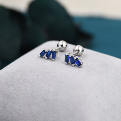 Sapphire Blue Baguette Trio CZ Screw back Earrings in Sterling Silver, Silver or Gold, Baguette Cluster Screwback Earrings