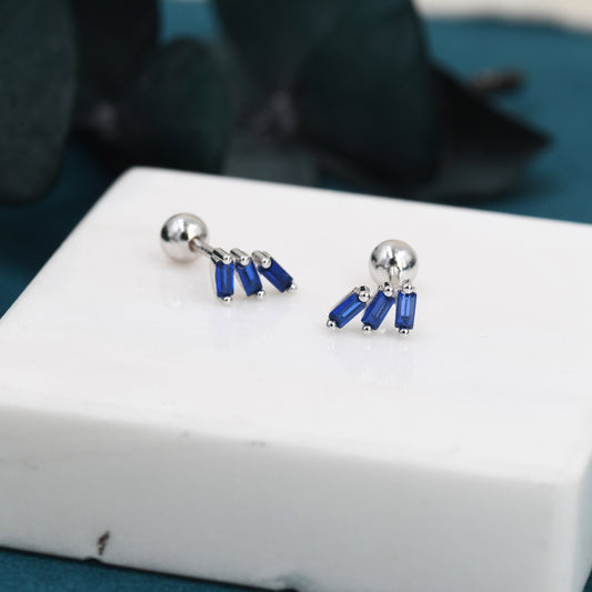 Sapphire Blue Baguette Trio CZ Screw back Earrings in Sterling Silver, Silver or Gold, Baguette Cluster Screwback Earrings