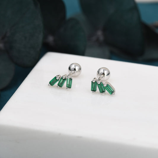 Emerald Green Baguette Trio CZ Screw back Earrings in Sterling Silver, Silver or Gold, Baguette Cluster Screwback Earrings